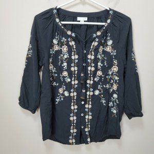 J Jill black embroidered floral peasant blouse XS Tasseled V neck Button Up